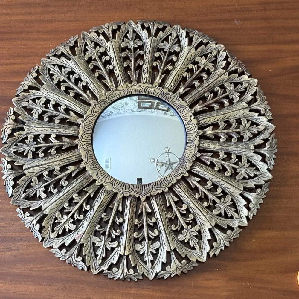 Vintage MCM MIrror Carved Wood Gold Sunburst Accent 22